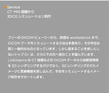 フリーのDICOM ビューワーから、高価なworkstation まで、DICOM データをシミュレートする方法は多数あり、その存在は既に一般的なものとなっています。しかし留まることを良しとしないトップDr. は、さらにその先へ進むことを臨んでいます。Linkinspire はCT 画像などのDICOM データから体解剖情報を3D レンダリングするだけでなく、3D レンダリングされたイメージに医療機器を差し込んで、手技をシミュレートするイメージ制作をサポートします。